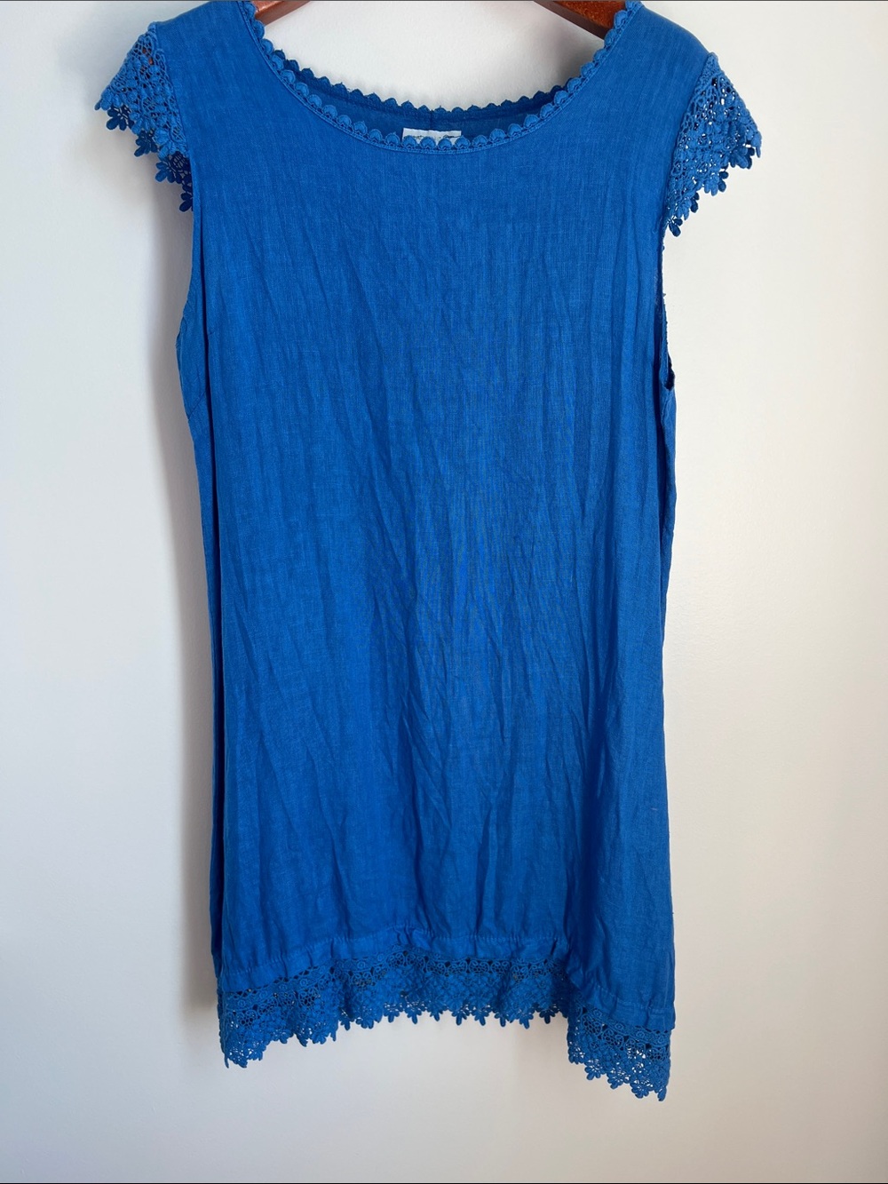 100% Linen Made in Italy Blue Lace Detail Dress Size Medium